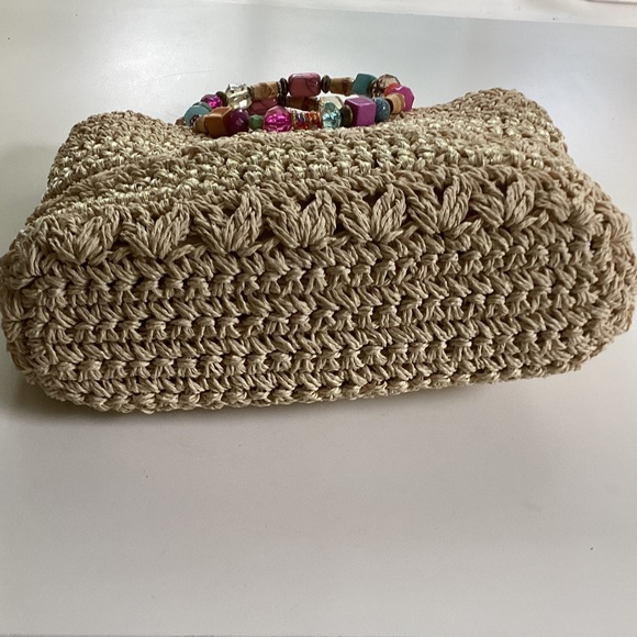 Cappelli Straworld Purse Handbag Round Beaded Jewel Handles Beige/Gold Lined - Picture 5 of 14